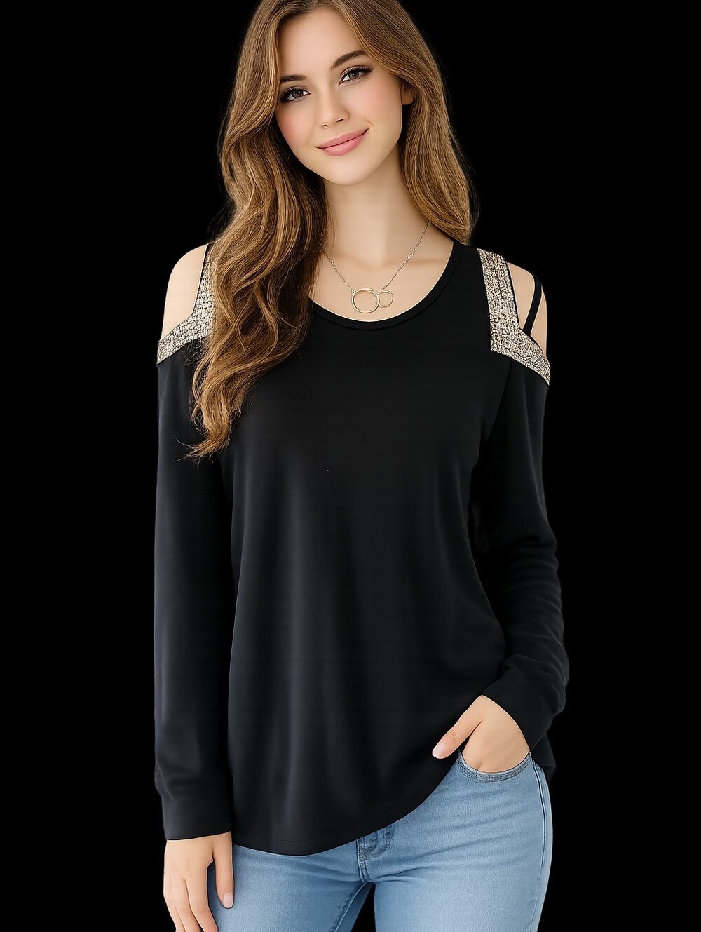 Boston Proper Black Cold-Shoulder Long Sleeve Top with Embellished Straps